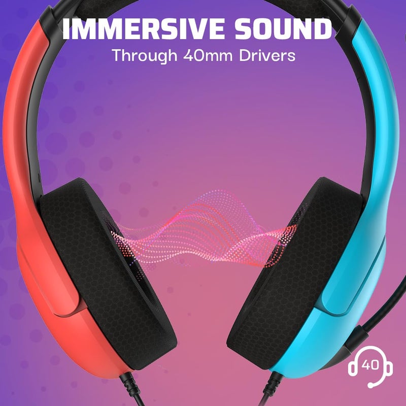 pdp Gaming LVL40 Airlite Stereo Headset for Nintendo Switch/Lite/OLED - Wired Power Noise Cancelling Microphone, Lightweight Soft Comfort On Ear Headphones (Mario Neon - Red & Blue) - Image 2